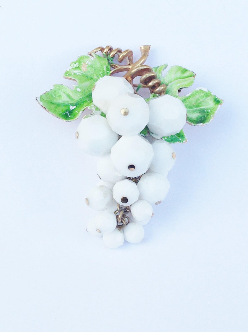 Vintage Gold Tone Grapevine White Faceted Beaded Grapes Brooch Pin - Hers and His Treasures
