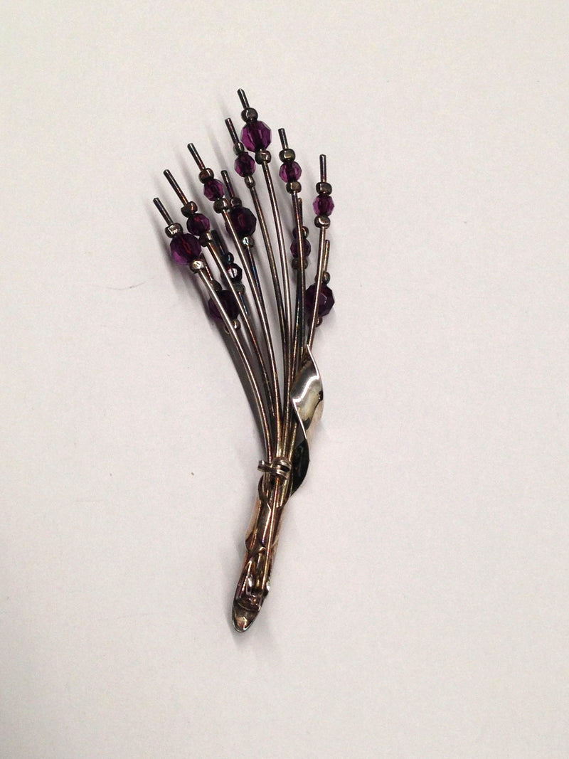 Silver Toned Purple Beaded Brooch Pin - Hers and His Treasures
