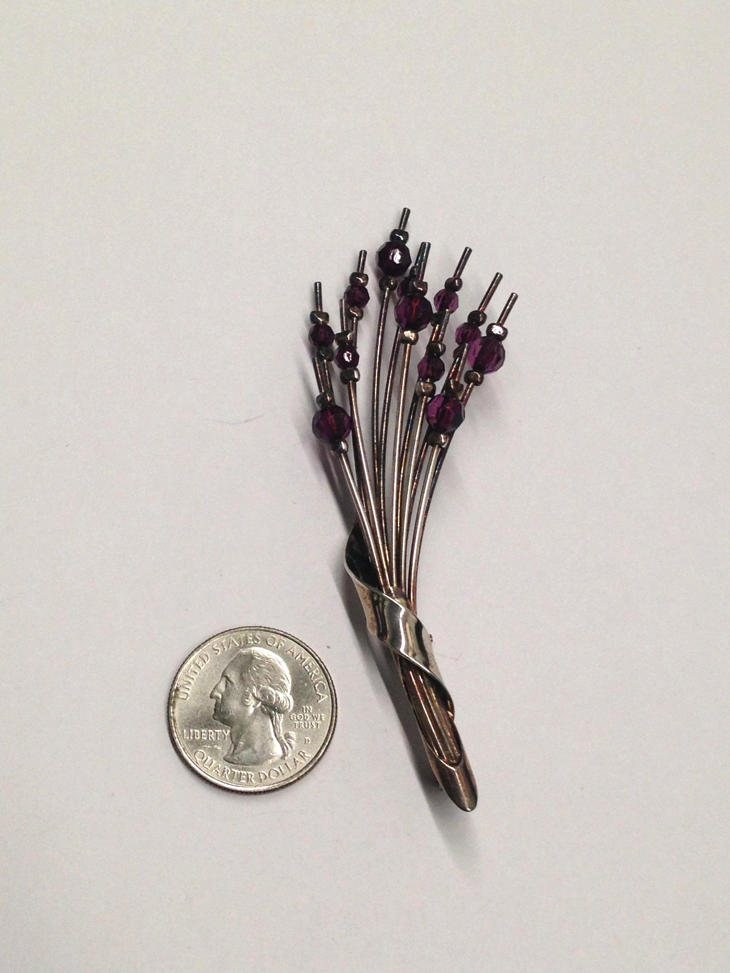 Silver Toned Purple Beaded Brooch Pin - Hers and His Treasures