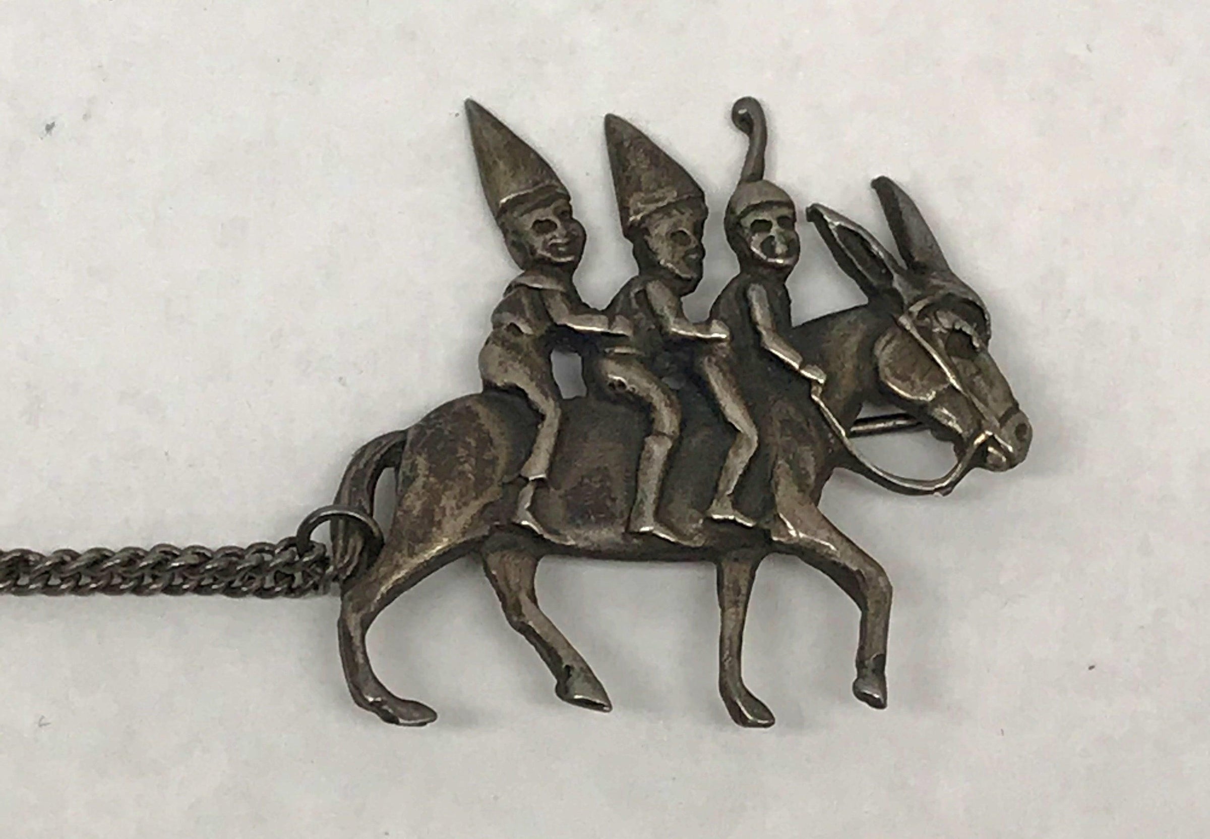 Rare Three Elves Or Gnomes Riding A Donkey Sterling Silver Brooch Pins - Hers and His Treasures