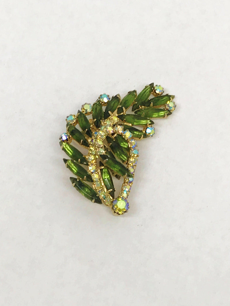 Vintage Green and AB Rhinestone Leaf Brooch Pin - Hers and His Treasures