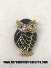 Black and Gold Owl Brooch Pin With Clear Rhinestones