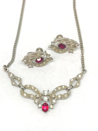 Mid-Century Red and Clear Rhinestone Necklace and Earring Set - Hers and His Treasures