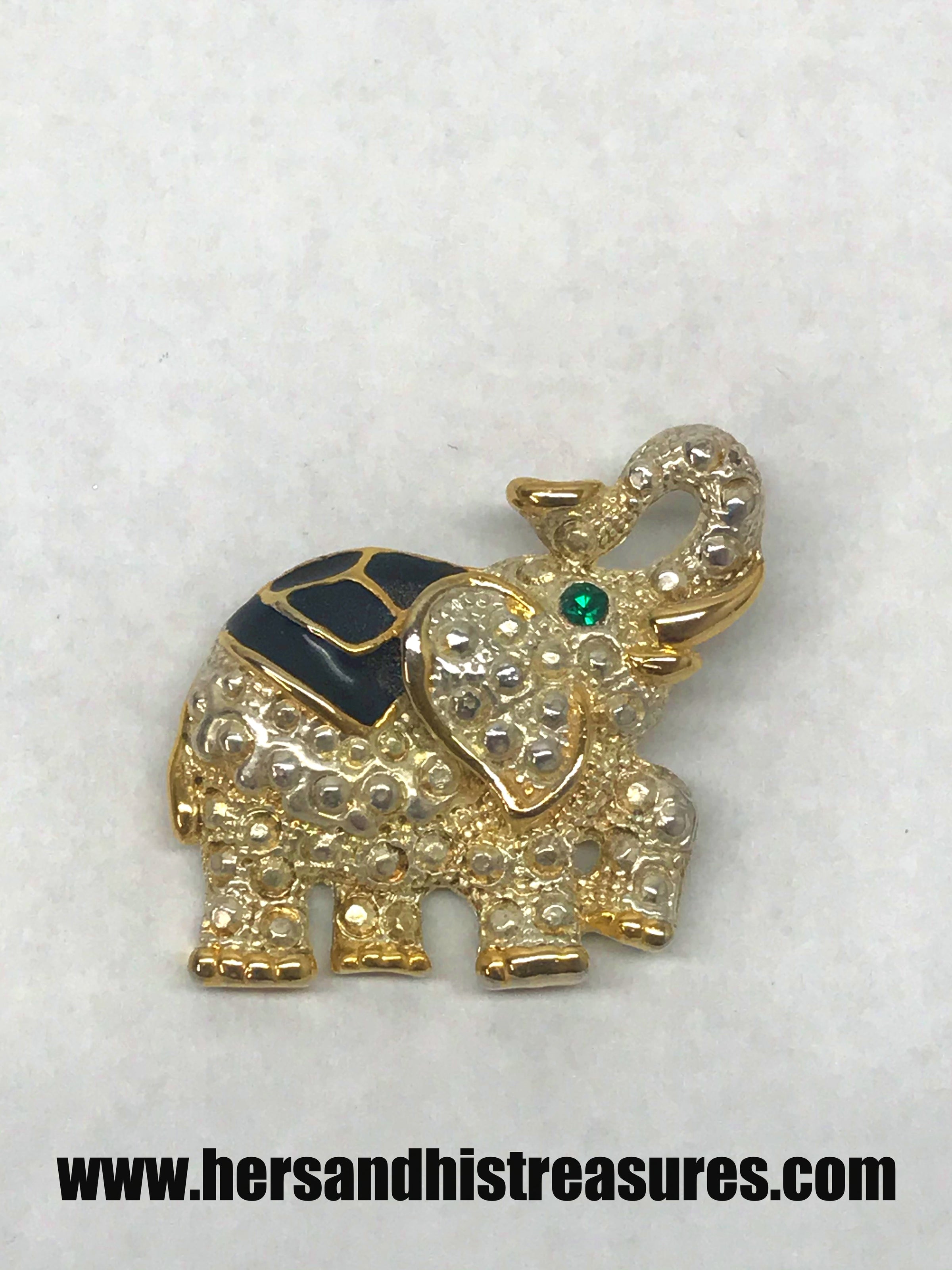 Gold and Silver Tone Elephant Brooch Pin With Green Rhinestone Eye