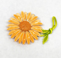 Vintage Peach Orange and Green Enamel Daisy Flower Brooch Pin - Hers and His Treasures