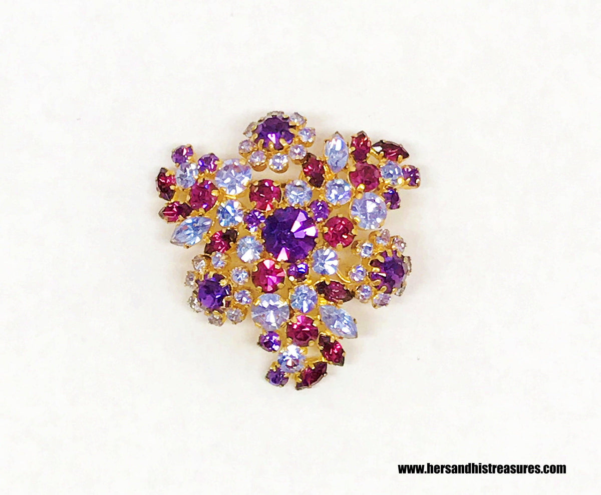 Purple & Blue Crystal Rhinestone Flower Cluster Brooch Pin Signed Austria - Hers and His Treasures