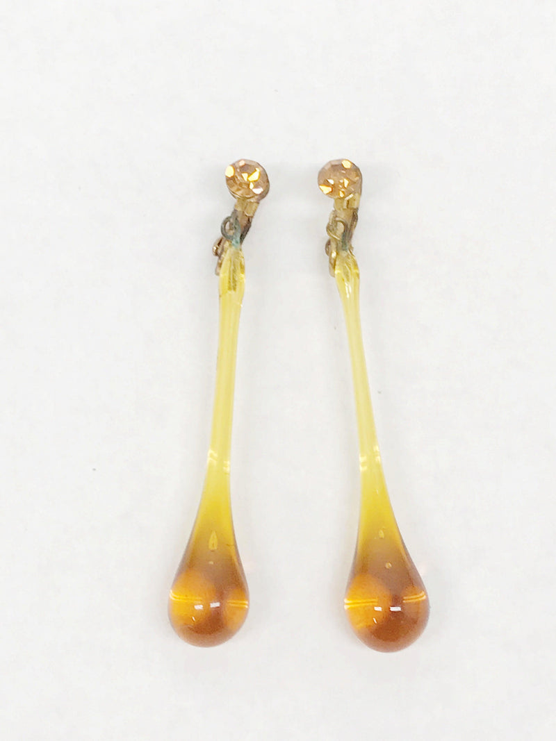 Vintage Elongated Hand-Blown Amber Glass Clip-On Earrings - Hers and His Treasures
