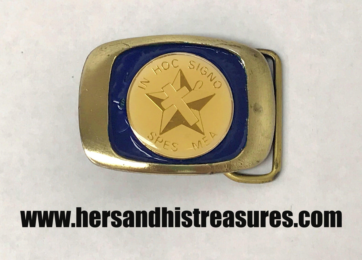 Vintage In Hoc Signo Spes Mea Brass Belt Buckle - Hers and His Treasures
