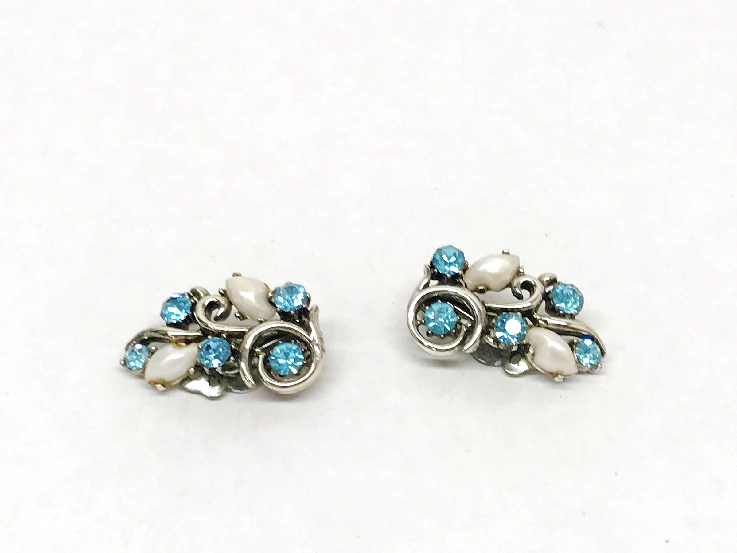 Lisner Blue Rhinestone and Faux Pearl Silver Tone Clip-On Earrings - Hers and His Treasures