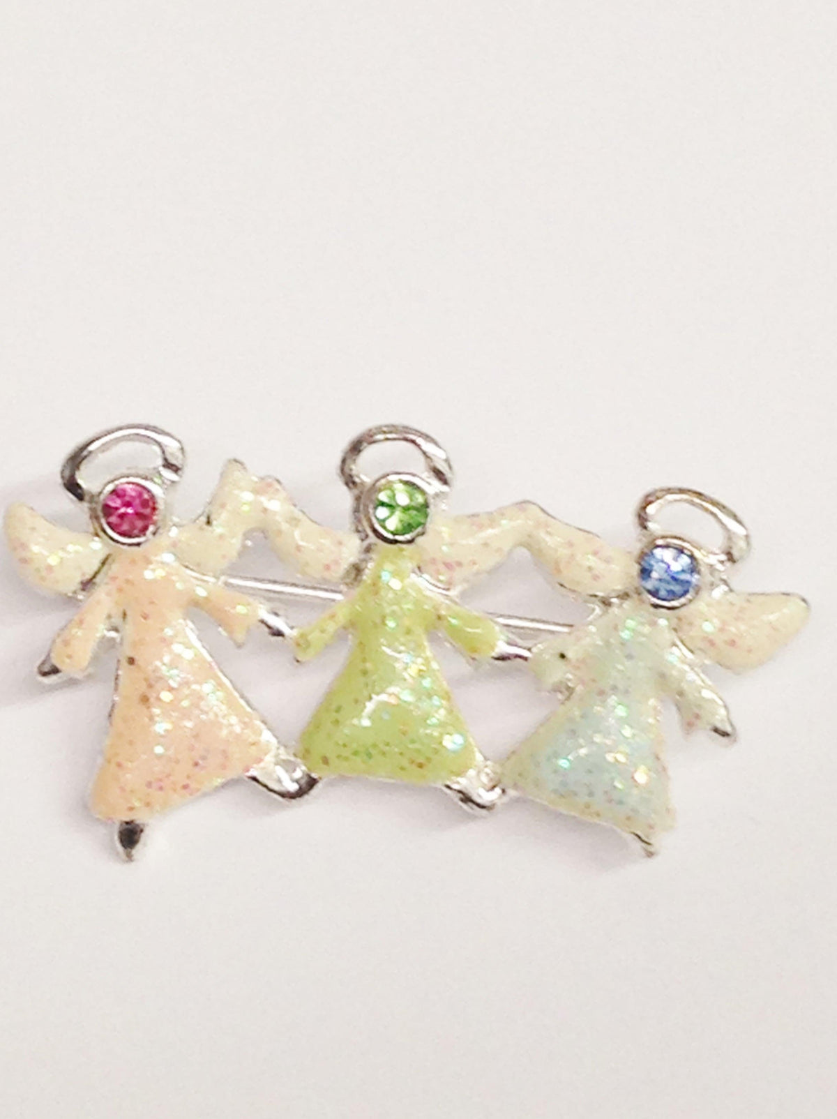 Three Little Angels Silver Tone Brooch W/ Rhinestones - Hers and His Treasures