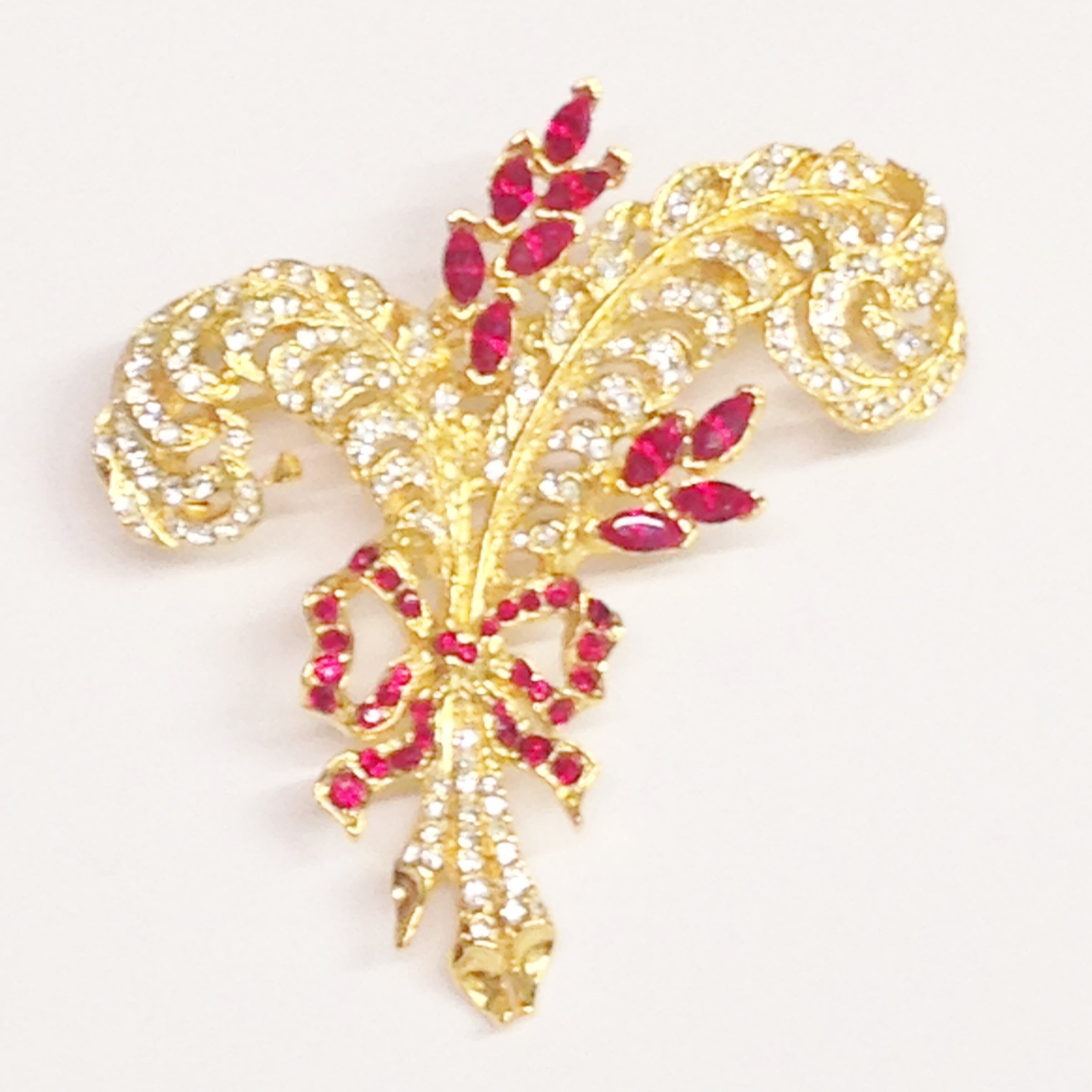 Gold Tone Red and Clear Rhinestone Feather Bouquet Brooch Pin www.hersandhistreasures.com