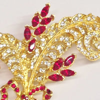 Gold Tone Red and Clear Rhinestone Feather Bouquet Brooch Pin