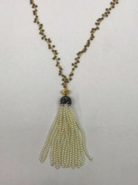 Vintage Beaded Necklace With Faux Pearl Dangling Tassel - Hers and His Treasures