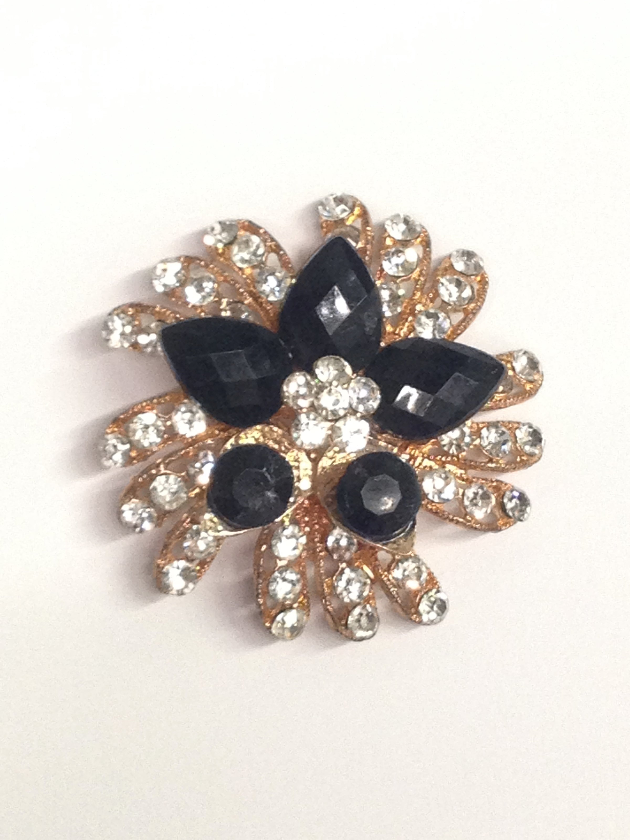 Black And Clear Rhinestone Round Star Flower Brooch Pin www.hersandhistreasures.com