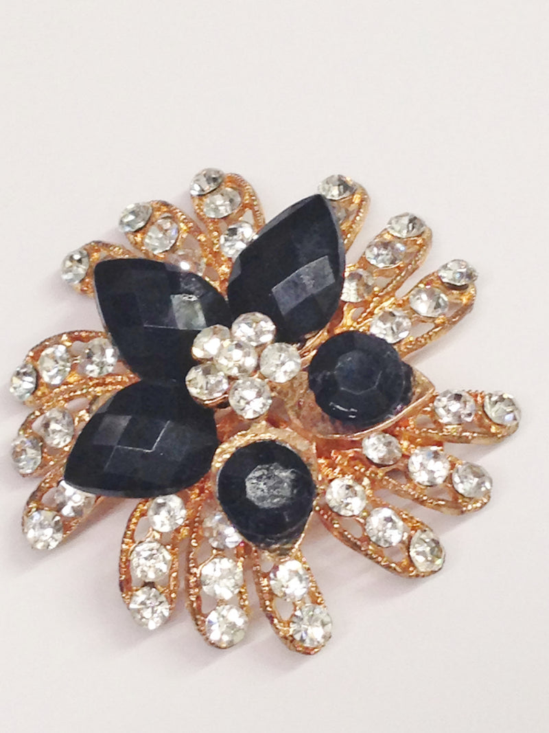 Black And Clear Rhinestone Round Star Flower Brooch Pin