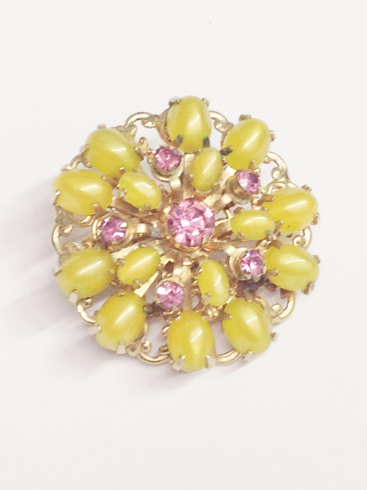 Vintage Yellow Lucite W/ Pink Rhinestones Brooch Pin - Hers and His Treasures