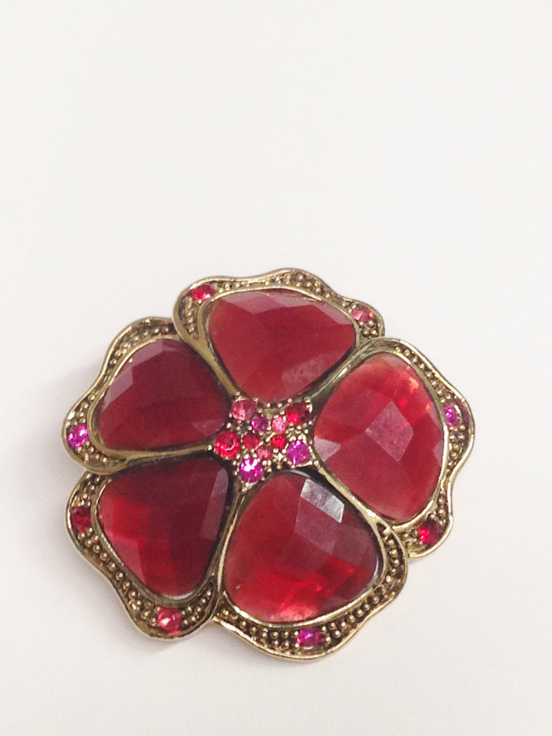 LC Liz Claiborne Red And Pink Rhinestone Flower Brooch Pin