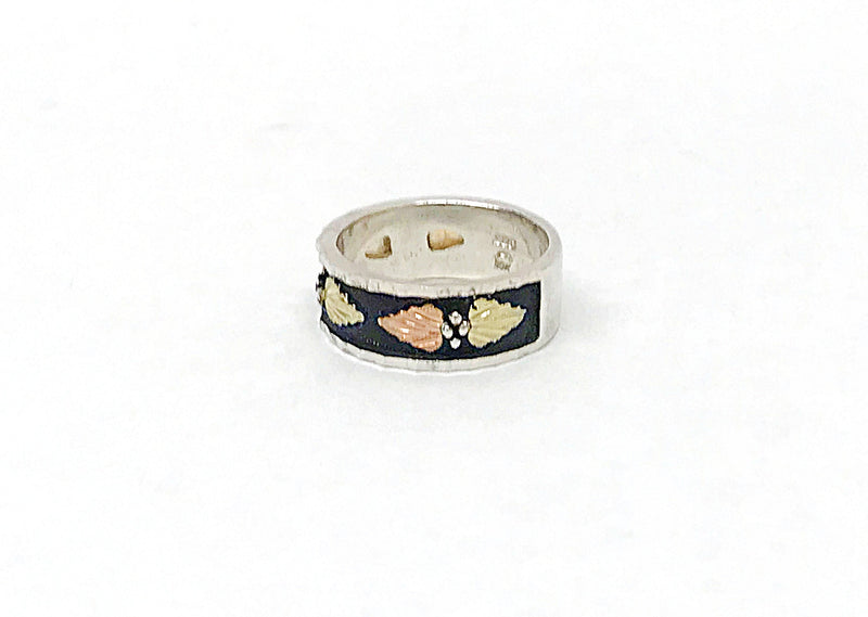 Black Hills Gold Antiqued Silver Womens Wedding Band with 10K Gold Leaves - Hers and His Treasures
