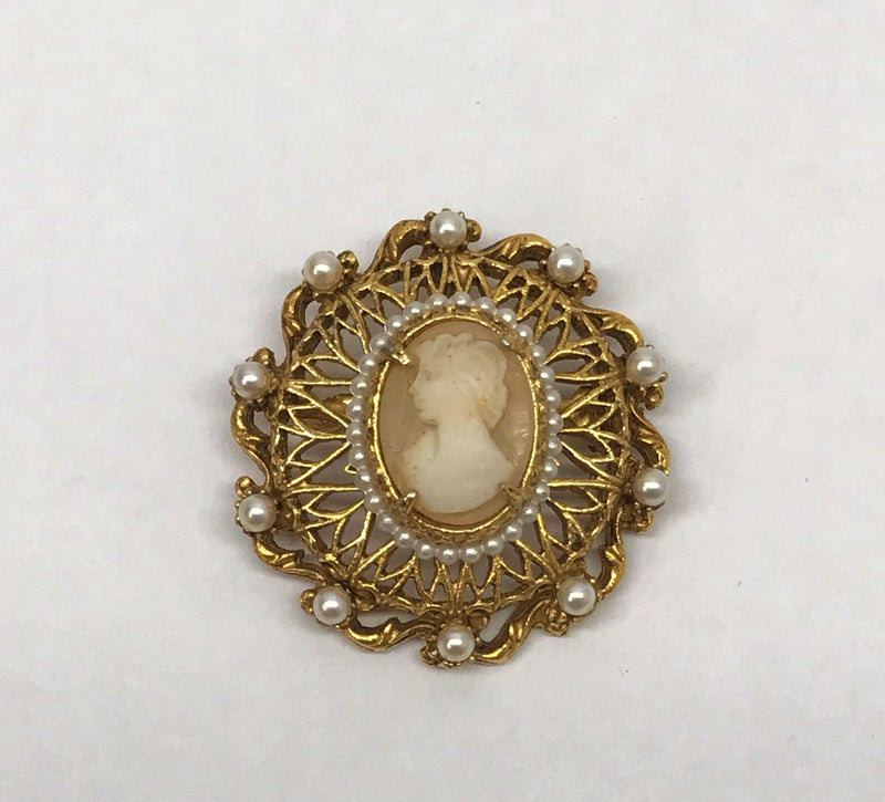Vintage Florenza Carved Shell Cameo Pearl Brooch/Pendant - Hers and His Treasures