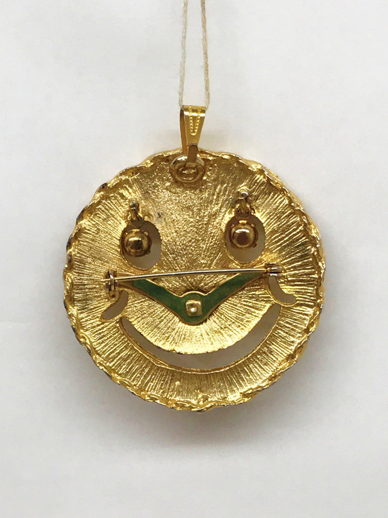 Vintage Gold Tone Smiley Face Necklace Pendant Or Brooch - Hers and His Treasures