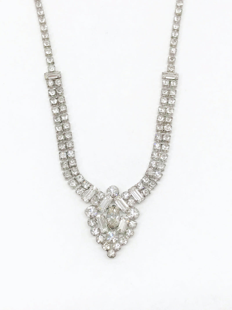 Vintage Silver Tone Clear Rhinestone Drop Necklace 18" - Hers and His Treasures