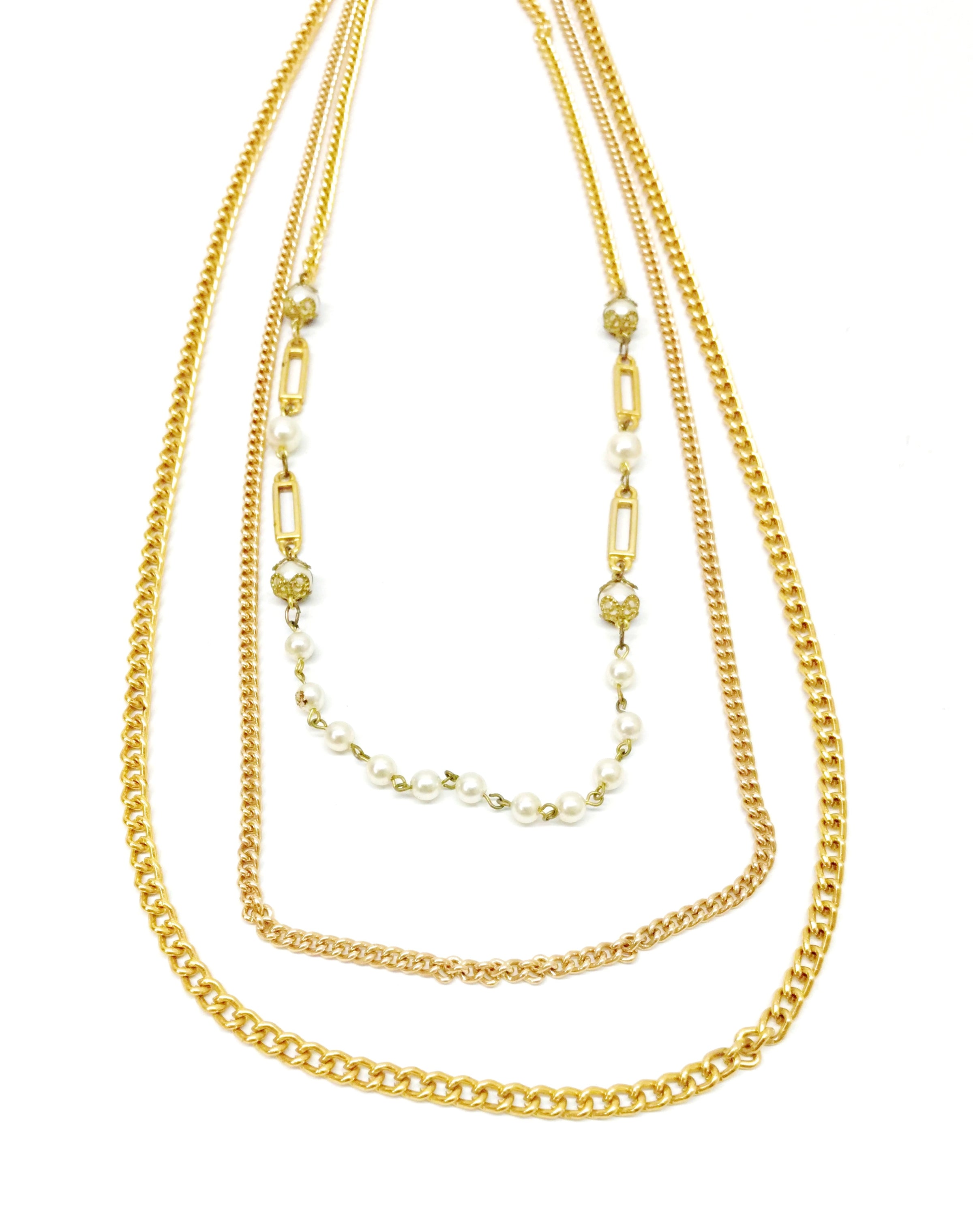 Vintage Faux Pearls and Gold Chain Triple Strand Necklace
