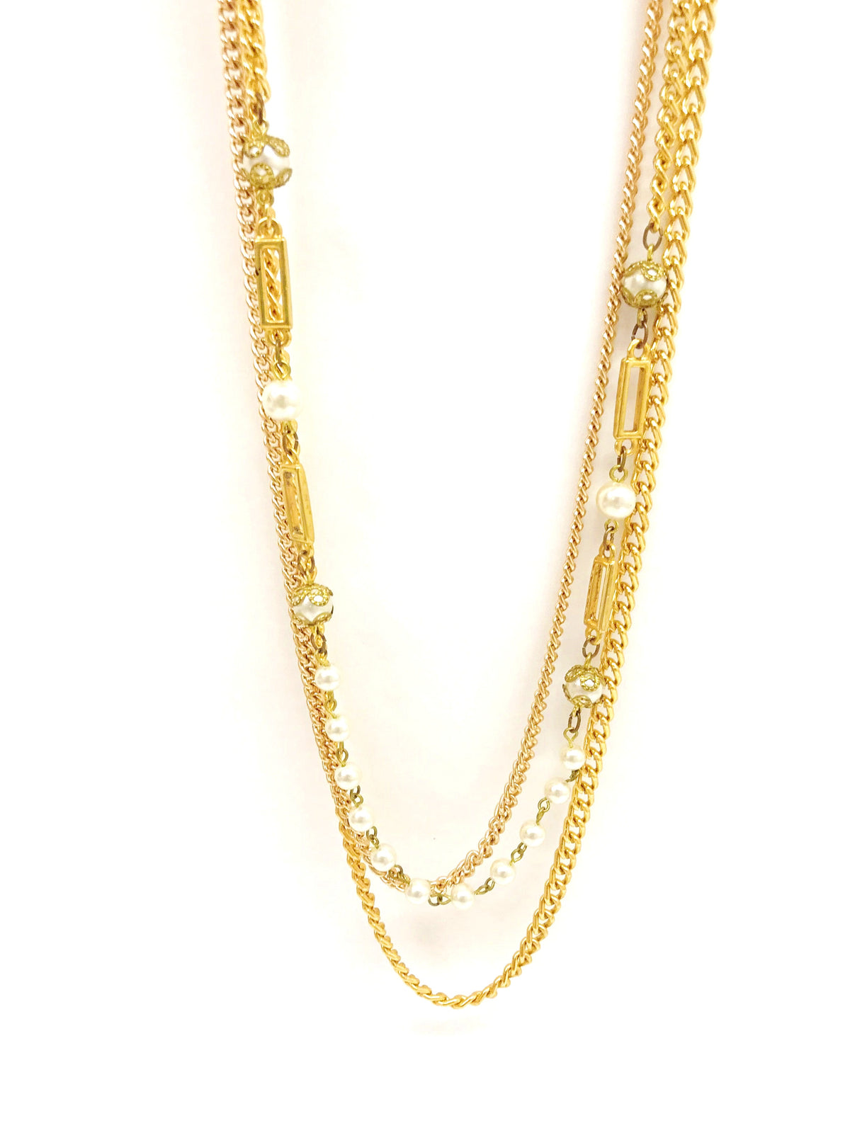 Vintage Triple Strand Chain Link Necklace with Faux Pearls - Hers and His Treasures