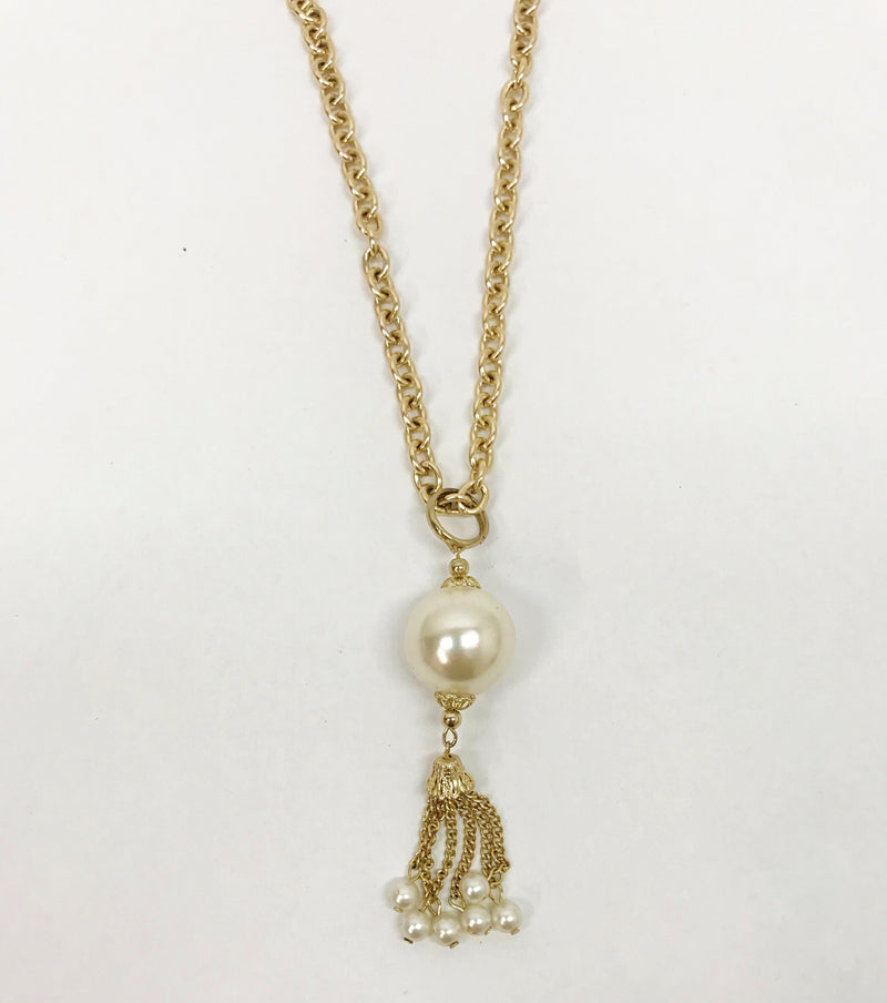 Gold Tone Chain Link Necklace With Faux Pearl Tassel - Hers and His Treasures