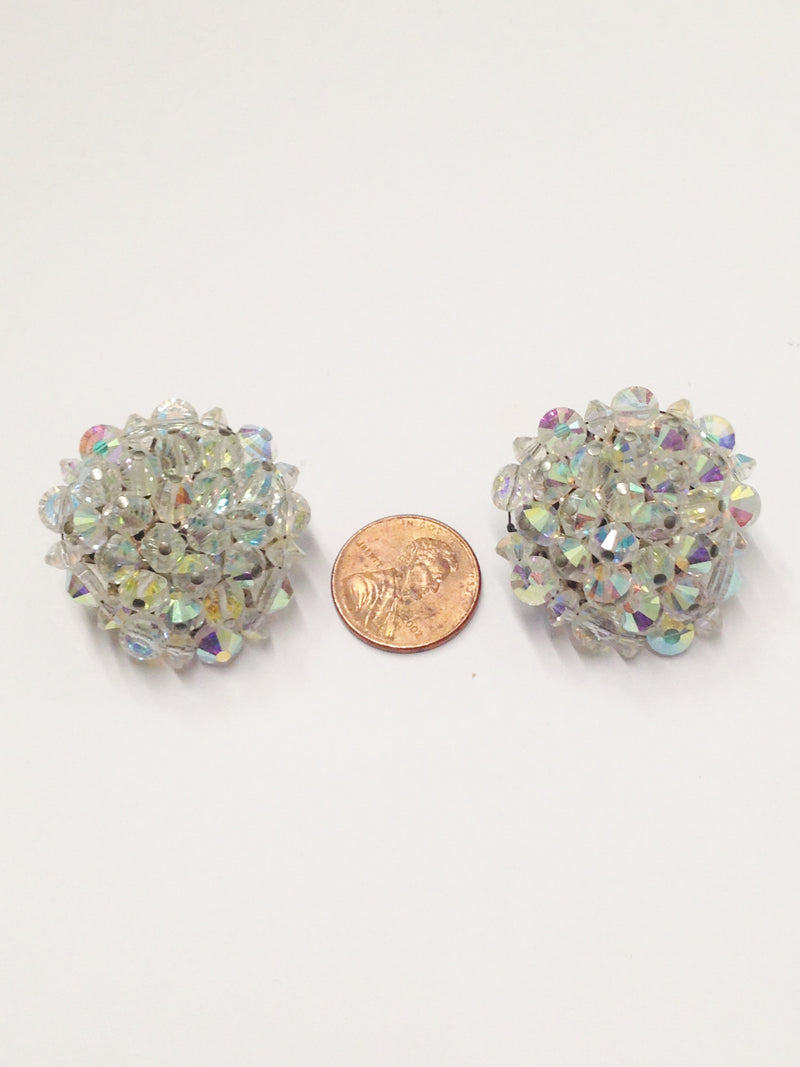 HOBE Aurora Borealis AB Beaded Cluster Clip On Estate Jewelry Earrings - Hers and His Treasures