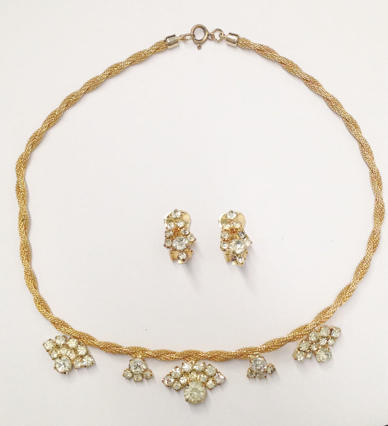 Gold Tone Braided Mesh Rope Necklace W/ Rhinestones & Matching Earrings - Hers and His Treasures