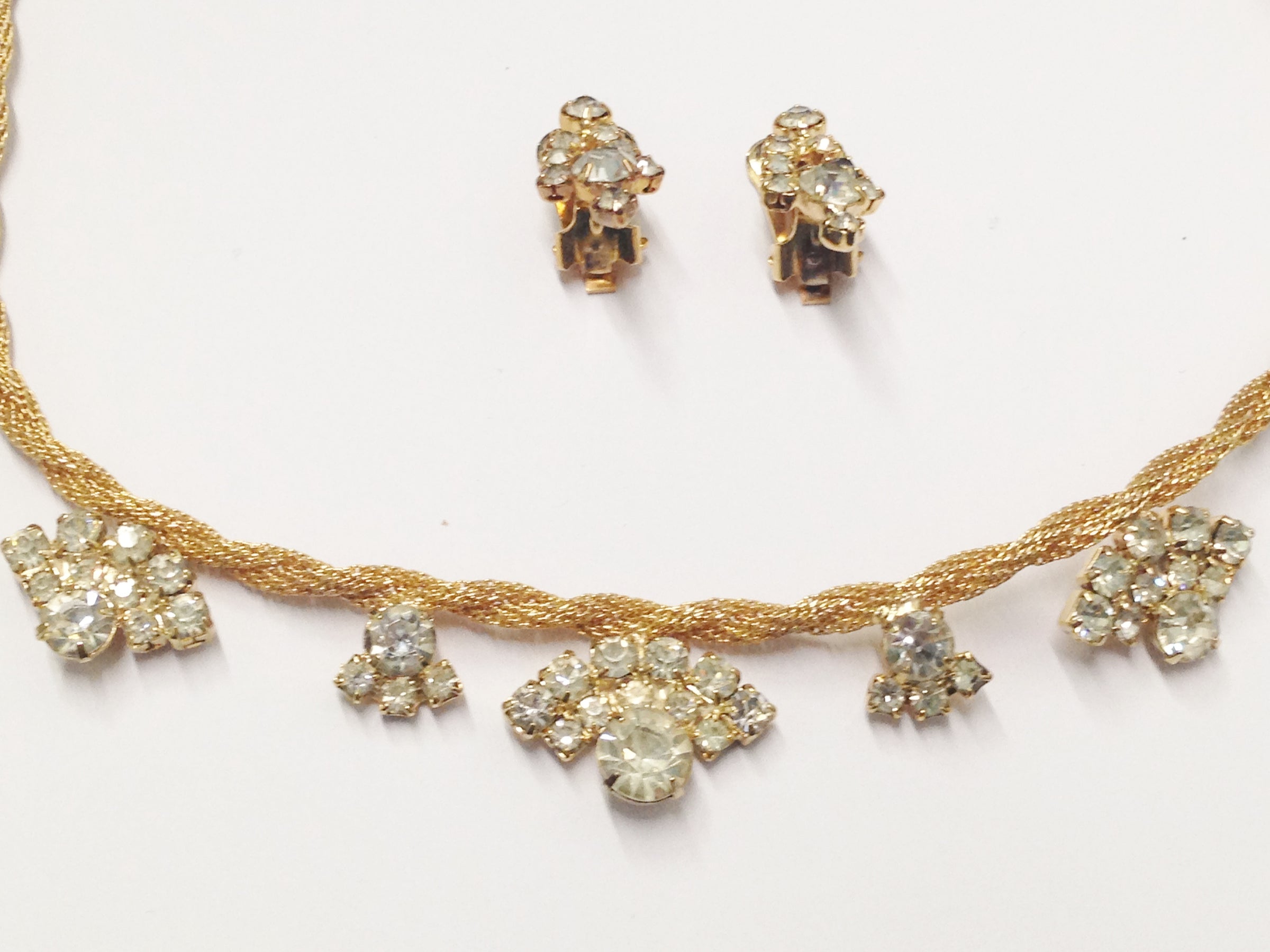 Gold Tone Braided Mesh Rope Necklace W/ Rhinestones & Matching Earrings - Hers and His Treasures