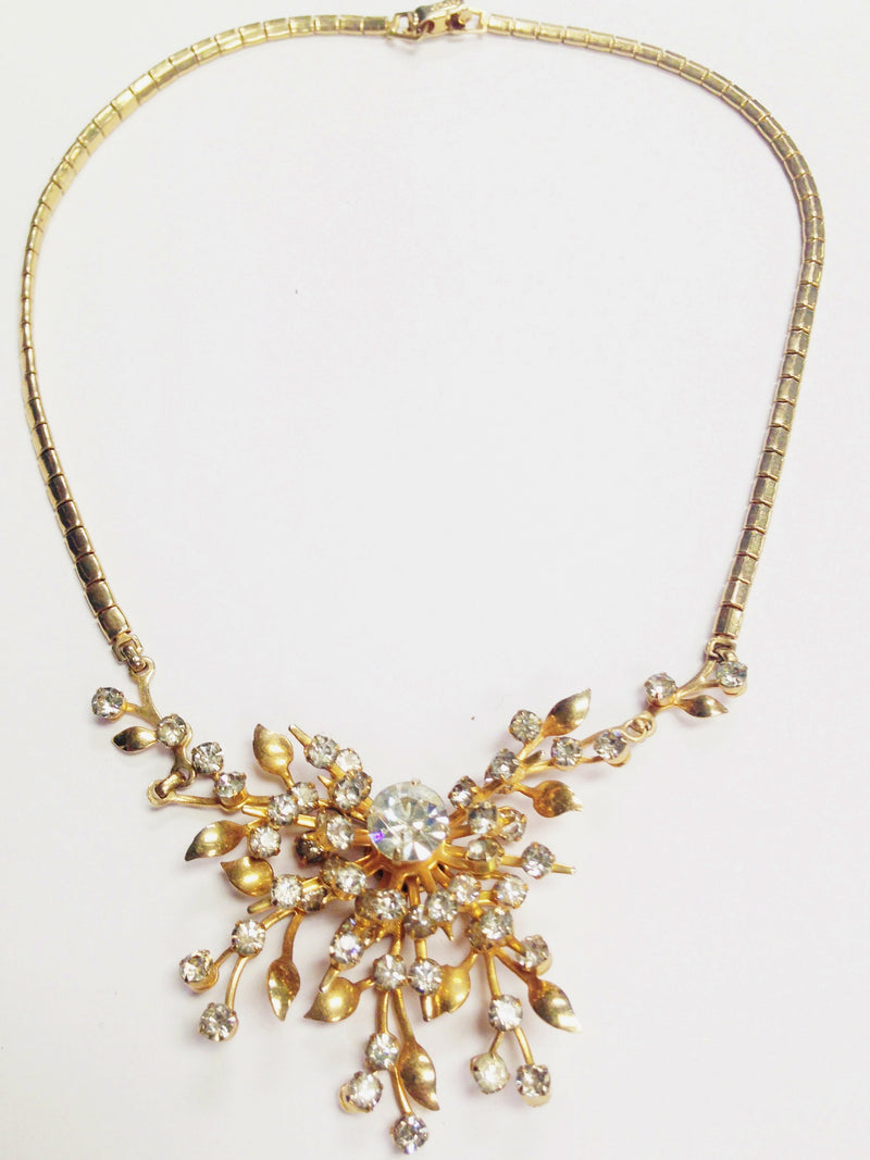 Coro Gold Tone Clear Rhinestone Starburst Flower Necklace - Hers and His Treasures