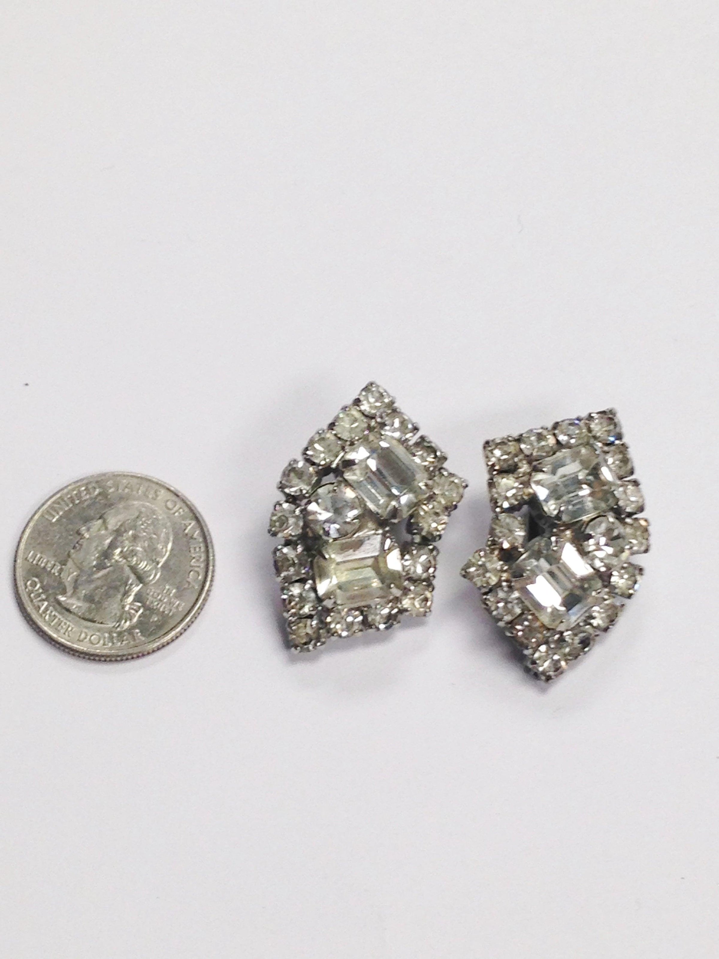 Mid Century Clear Rhinestone Clip On Estate Jewelry Earrings - Hers and His Treasures