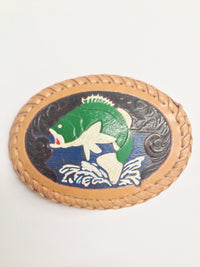 Leather Tooled And Painted Bass Fish Belt Buckle