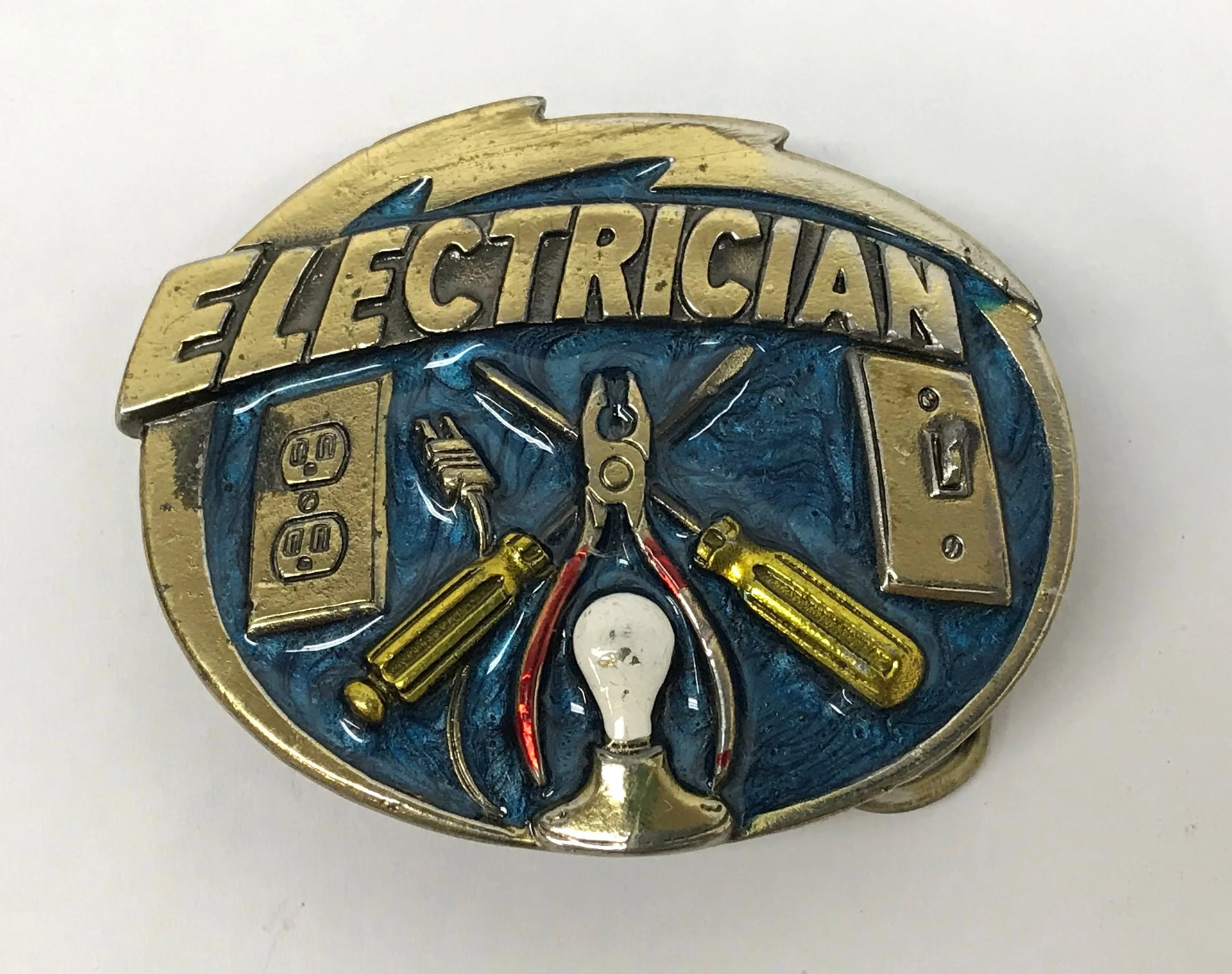 1982 Enamel and Brass Electrician Belt Buckle USA Hers and His Treasures