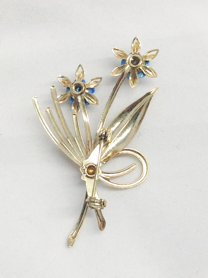Gold Tone Blue Flower Bouquet Brooch Pin