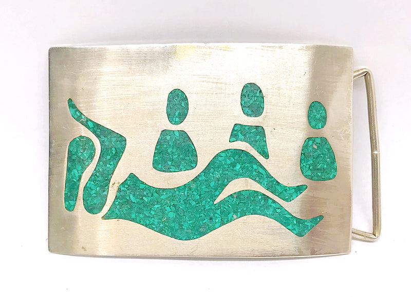 Southwestern Green Turquoise Chip Inlay Abstract People Belt Buckle Signed - Hers and His Treasures