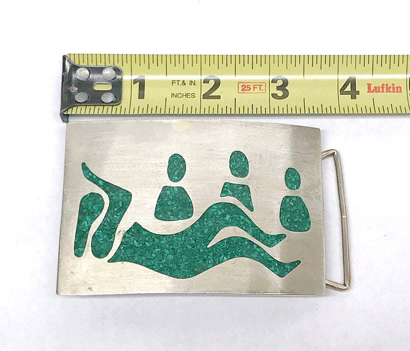 Southwestern Green Turquoise Chip Inlay Abstract People Belt Buckle Signed - Hers and His Treasures