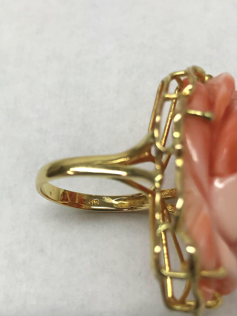 14K Yellow Gold Carved Salmon Coral Rose Ring