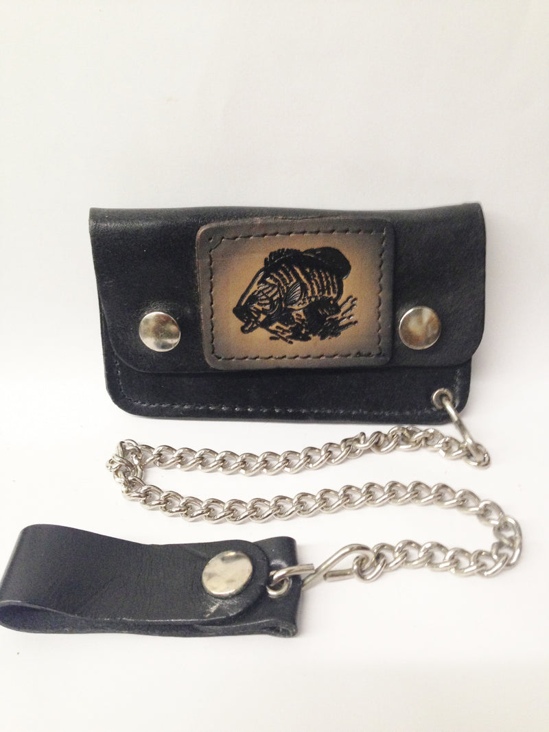 Black Leather Biker Chain Wallet W/ Black, Gray and Tan Bass Fish www.hersandhistreasures.com/collections/wallets
