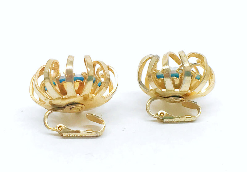 1969 Sarah Coventry Mystic Blue Gold Tone Clip-On Earrings - Hers and His Treasures