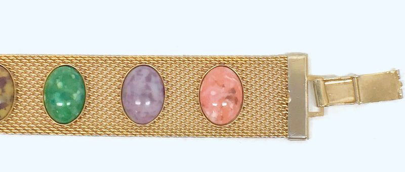 1974 Sarah Coventry Sonnet Gold Tone Mesh Bracelet with Faux Gemstones - Hers and His Treasures