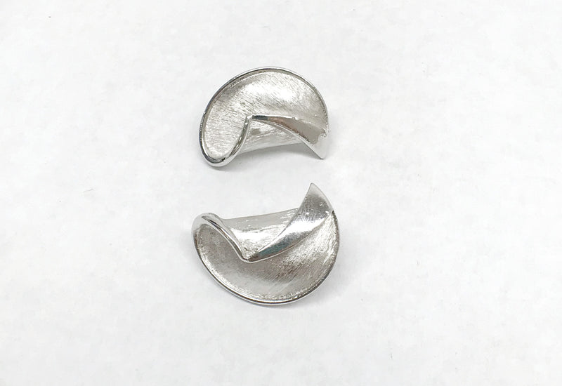 Crown Trifari Half Moon Silver Tone Textured Clip-On Earrings - Hers and His Treasures