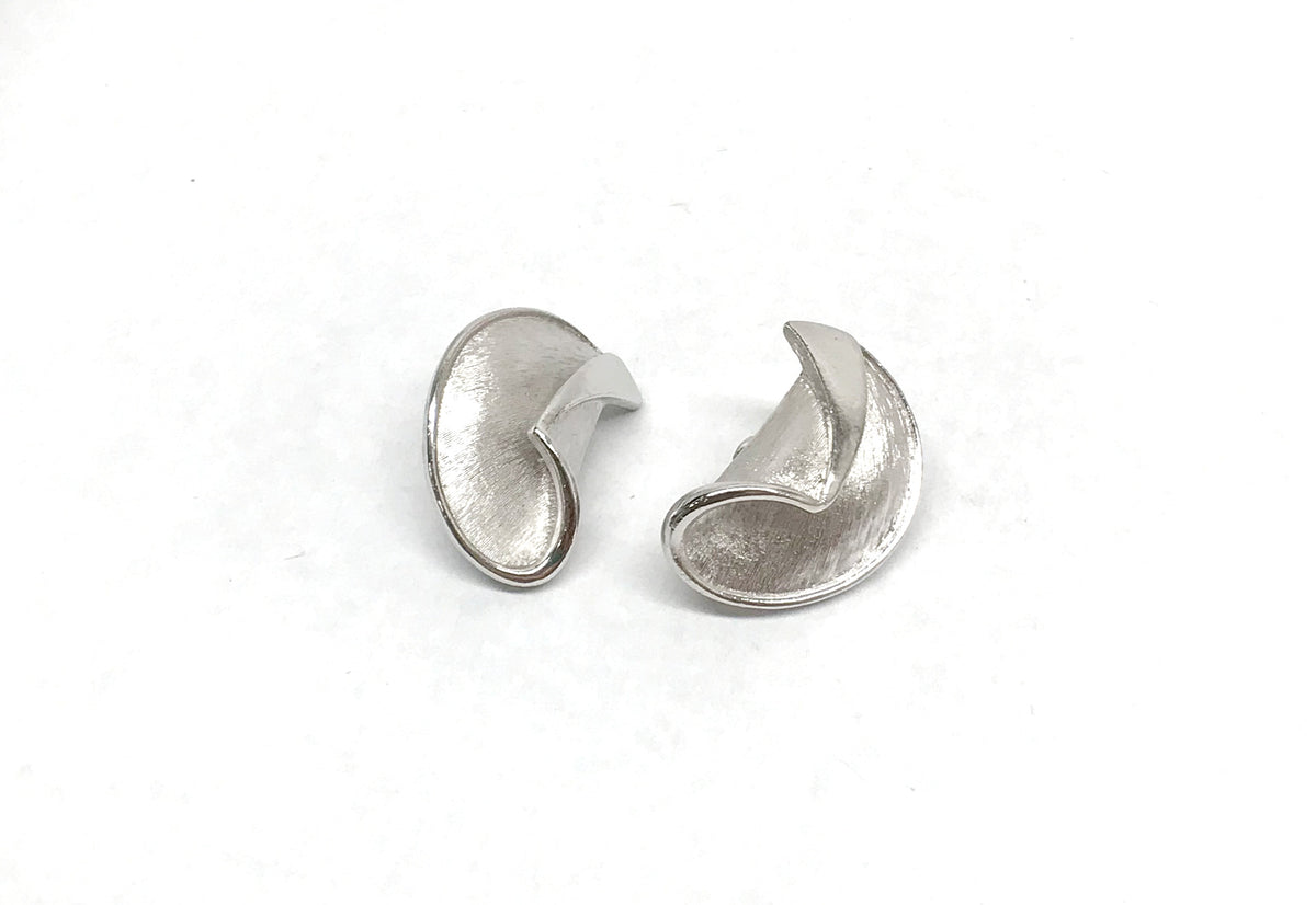 Crown Trifari Half Moon Silver Tone Textured Clip-On Earrings - Hers and His Treasures