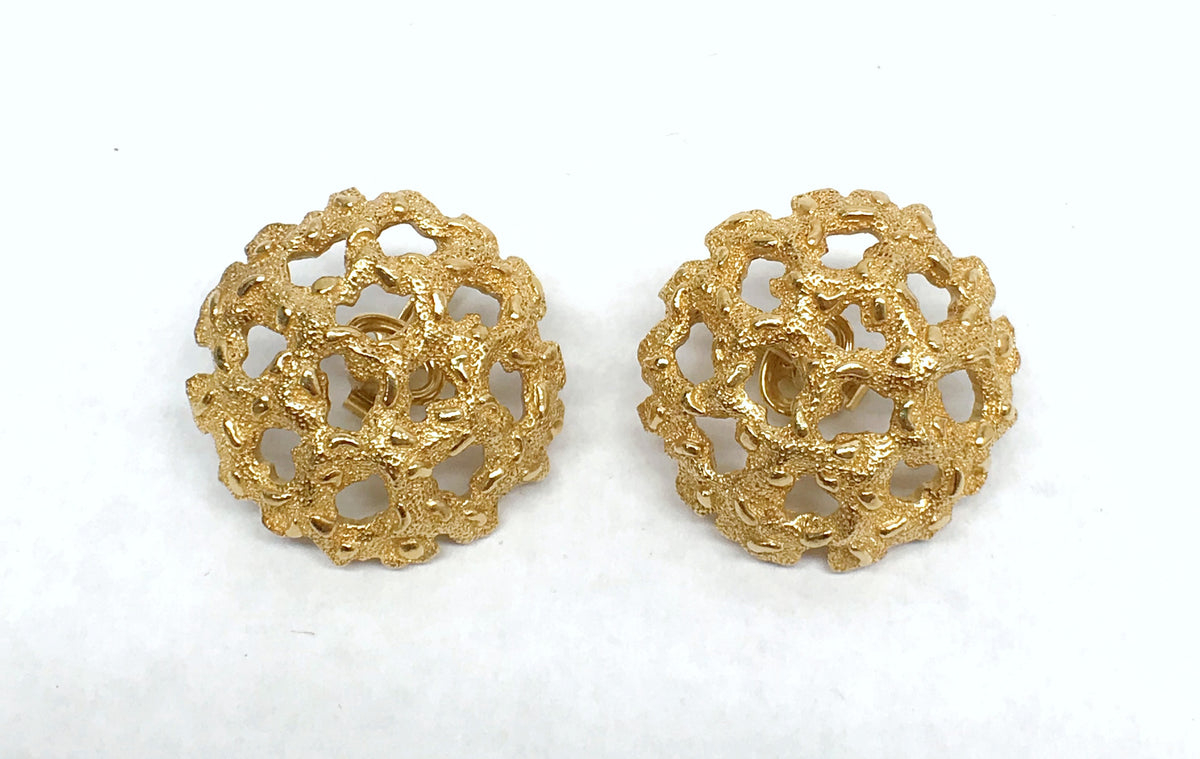 Crown Trifari Gold Tone Nugget Textured Openwork Button Clip-On Earrings - Hers and His Treasures