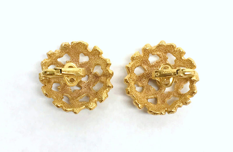 Crown Trifari Gold Tone Nugget Textured Openwork Button Clip-On Earrings - Hers and His Treasures