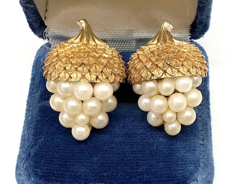 1950's Crown Trifari Alfred Phillipe Gold Tone Acorn and Faux Pearl Clip-On Earrings - Hers and His Treasures