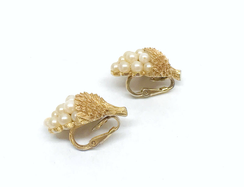 1950's Crown Trifari Alfred Phillipe Gold Tone Acorn and Faux Pearl Clip-On Earrings - Hers and His Treasures