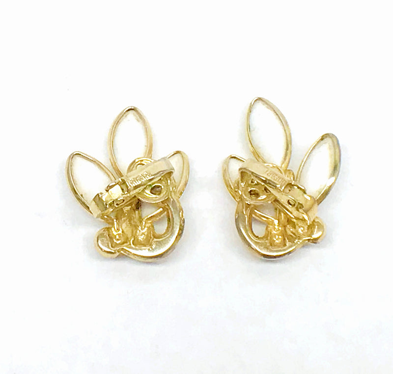 Crown Trifari Gold Tone Milk Glass Leaf Clip-On Earrings - Hers and His Treasures