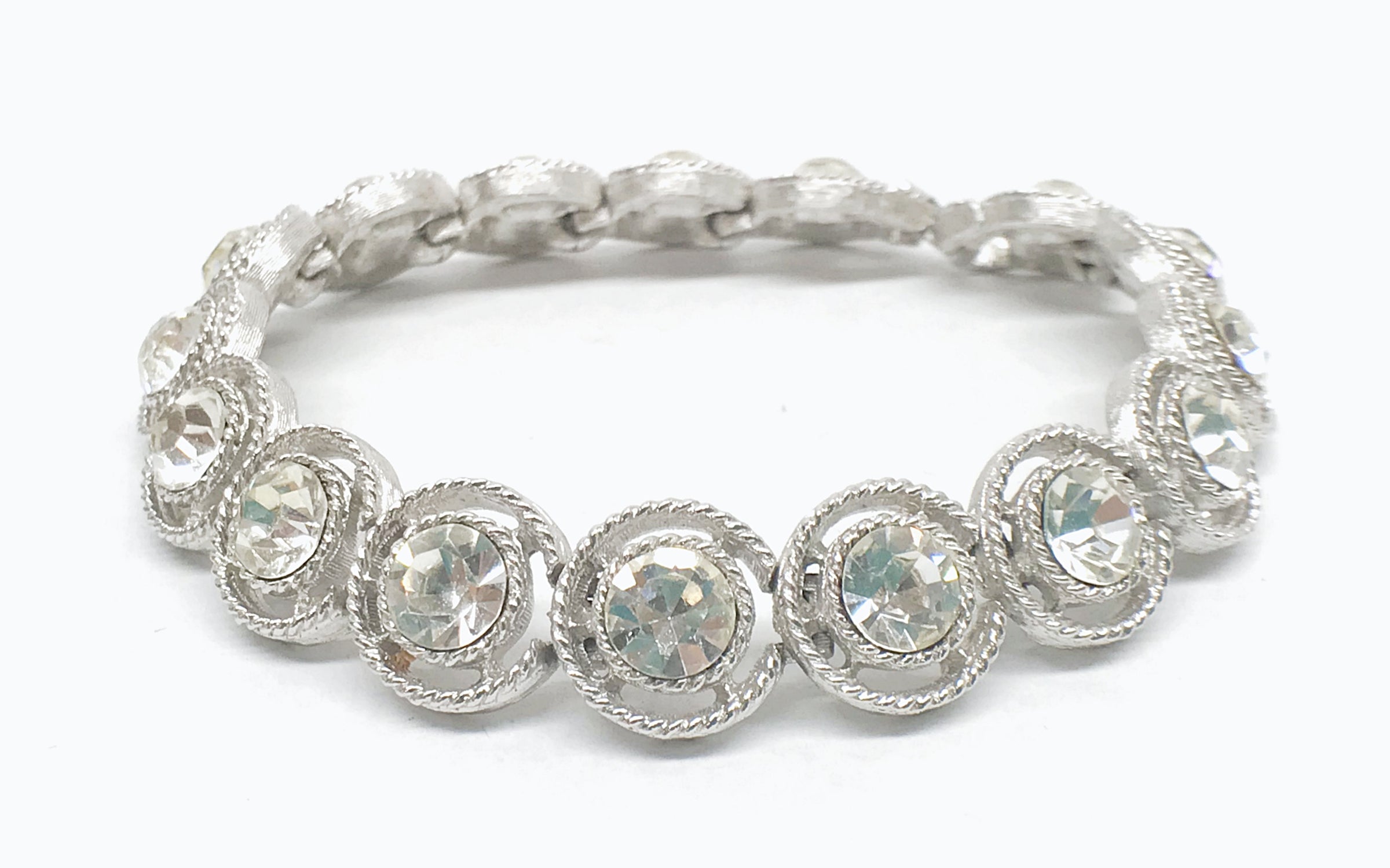 Vintage Crown Trifari Silver Tone and Clear Round Crystal Link Bracelet - Hers and His Treasures
